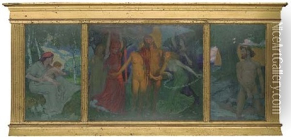 A Symbolist Fantasy (triptych) Oil Painting - Hans Christiansen