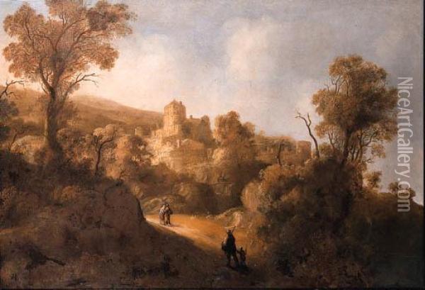 Travellers On A Path In A Mountainous Landscape, A Fortified Townin The Distance Oil Painting - Jacob De Villeers
