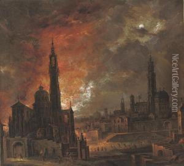 A City On Fire At Night With Townsfolk Fleeing Oil Painting - Daniel van Heil