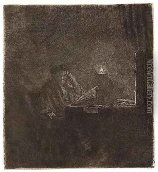 A Student at a Table by Candlelight Oil Painting - Rembrandt Van Rijn