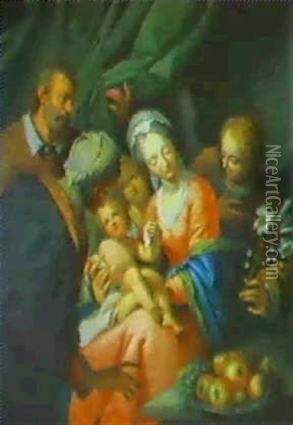 Die Hl. Familie Mit Mutter Anna Und Einem Engel Sowie Einem Stilleben Von Apfeln Und Weintrauben Oil Painting - Pieter (Peeter van) Veen
