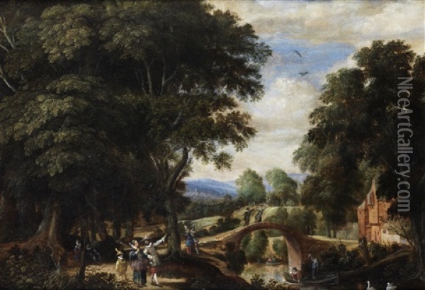 Elegant Figures Conversing In A River Landscape, With A Bridge In The Distance Oil Painting - Willem Van Den Bundel