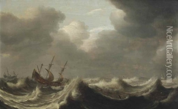 Ships In A Stormy Sea Oil Painting - Pieter Mulier the Elder