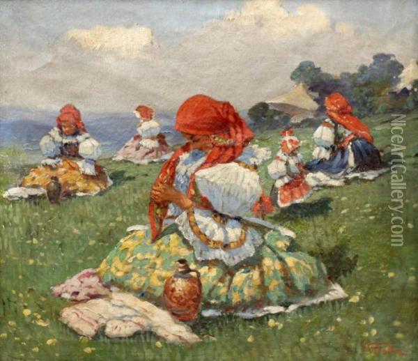 Girls In Folk Dresses Oil Painting - Anton Frolka
