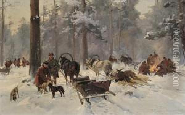 Moose Hunters' Camp In Winter Oil Painting - Ignacy (Czeslaw Wasilewski) Zygmuntowicz