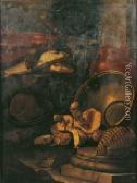 Nature Morte Aux Pieces De Cuivre, Poissons Et
 Champignons Oil Painting - Cristoforo Munari