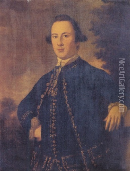 Portrait Of A Gentleman Standing And Wearing An Embroidered Blue Coat And Waistcoat Oil Painting - Tilly Kettle