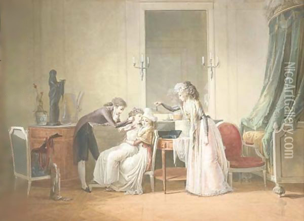 A young man piercing the ear of a young girl seated on the knees of a woman, another bringing an earring Oil Painting - Jean-Baptiste Mallet