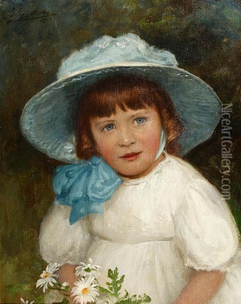 Portrait Of A Young Girl In A Blue Bonnetholding A Bouquet Of Daises Oil Painting - Julius Hare