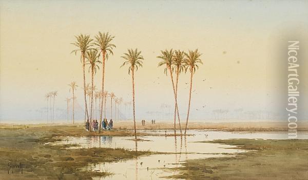 Nile Landscape With Pyramids Beyond Oil Painting - Spyridon Scarvelli
