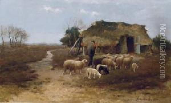 Schafer Mit Seiner Herde Vor Dem Stall Oil Painting - Fedor Van Kregten