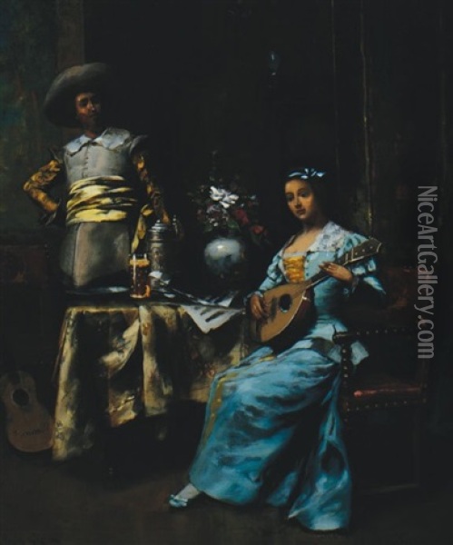 Lady Playing A Lute Oil Painting - David Eugene Girin