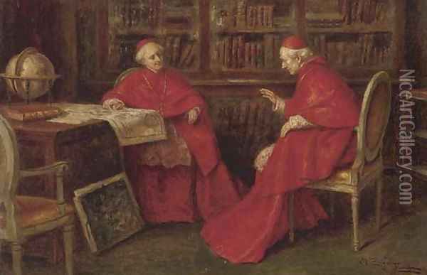 Cardinals studying a map Oil Painting - A. Zoffoli