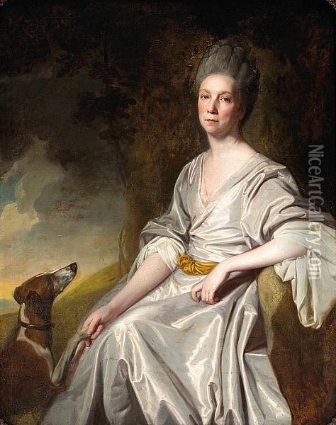 A Portrait Of Mrs. Horton Seated In A Landscape With A Greyhound At Her Feet Oil Painting - George Romney