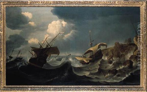 A Dutch Merchantman And Other Shipping Foundering In A Storm Off Acoastline Oil Painting - Ludolf Backhuysen