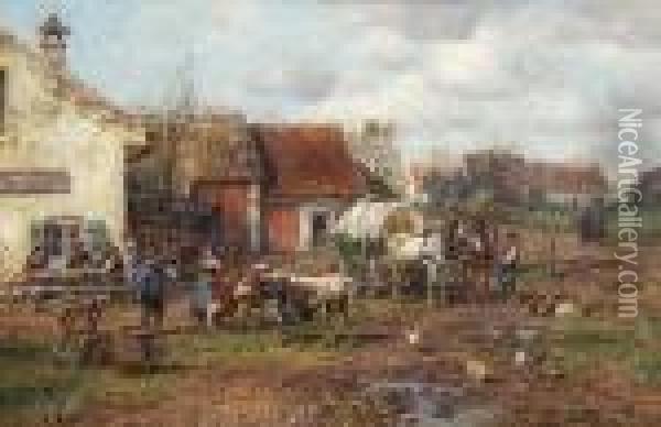 Bauern Mit Vieh Vor Der
 Dorfwirtschaft. Oil Painting - Karl Stuhlmuller
