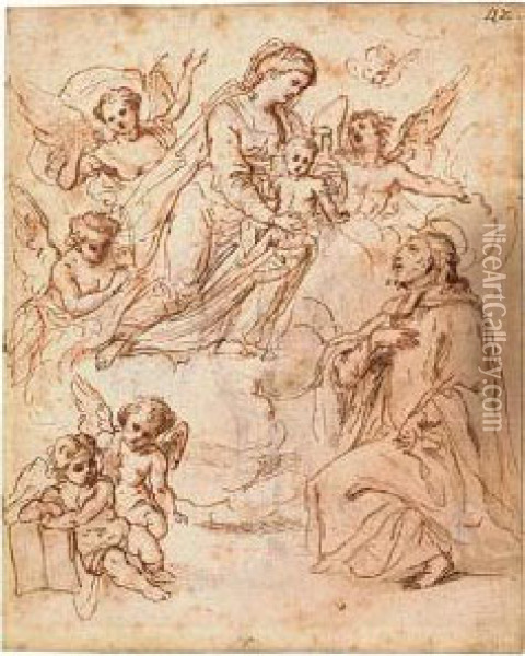 The Virgin And Child Accompanied
 By Angels Appearing To A Kneeling Jesuit Saint.<<br> Oil Painting - Giacinto Calandrucci