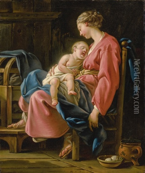 A Mother With Her Child Asleep On Her Lap In An Interior Oil Painting - Noel Halle