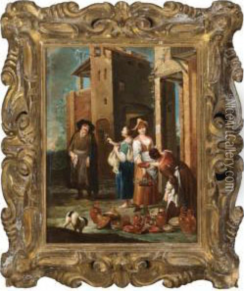 A Street Scene With Women Selling Pots And Flowers Oil Painting - Giuseppe Maria Crespi