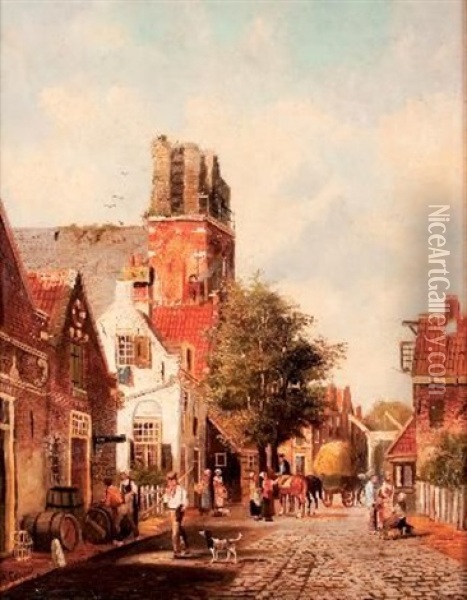 A Dutch Medieval Town Oil Painting - Adrianus Eversen