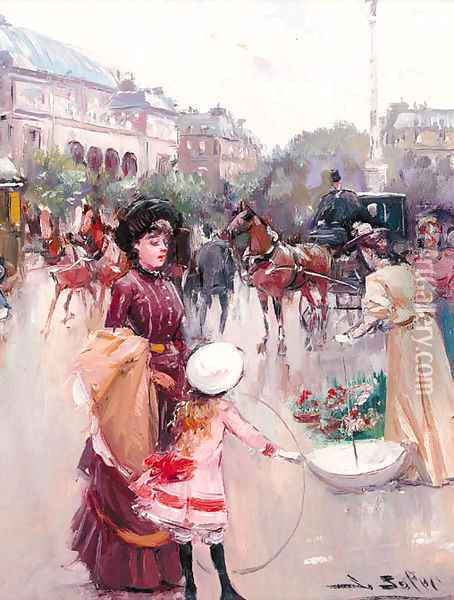 A girl with a hoop in a busy Parisian avenue Oil Painting - Joan Roig Soler