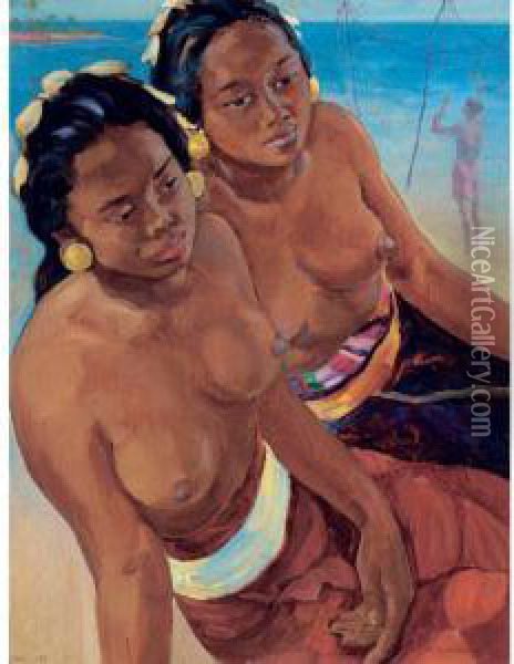 Two Balinese Girls On The Beach Oil Painting - Ceszlaw Mystkowsky