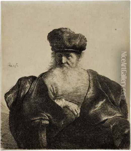 Old Man With A Beard, Fur Cap And Velvet Cloak Oil Painting - Rembrandt Van Rijn