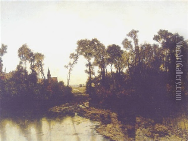 Landschaft Mit Wasser, Baumen Und Dorf Oil Painting - Karl Heffner