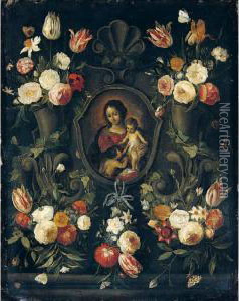 A Stone Cartouche Adorned With 
Flowers And Butterflies, Surrounding An Image Of The Virgin And Child 
With The Infant Saint John The Baptist Oil Painting - Jan van Kessel
