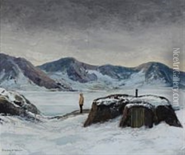 An Inuit Is Looking At The Snowy Landscape Of Greenland Oil Painting - Emanuel A. Petersen