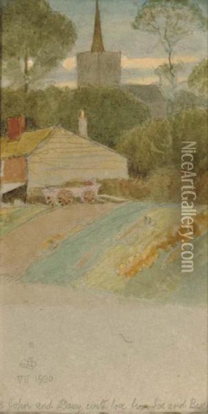 Cart By A House; Farm And Church; House In The Trees; And Canalwith Barge Oil Painting - Joseph Edward Southall