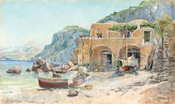 Capri, Pescherecci Sulla Spiaggia Oil Painting - Mariano De Franceschi