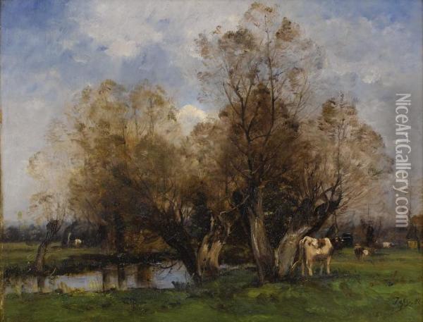Cattle Grazing By A Pond Oil Painting - Louis-Aime Japy