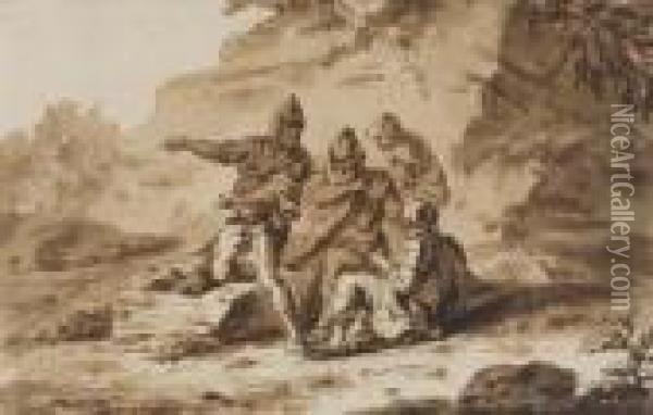 Soldiers Resting In A Landscape Oil Painting - Salvator Rosa