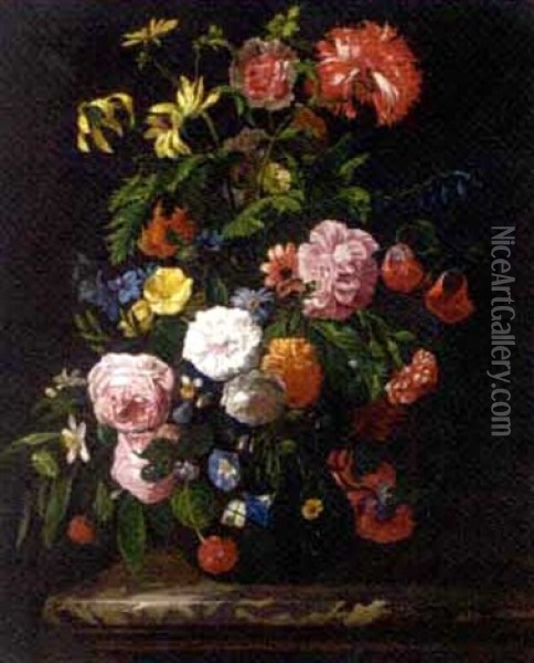 Roses, Morning Glory, Chrysanthemums And Other Flowers In A Glass Vase On A Stone Ledge Oil Painting - Abraham Mignon