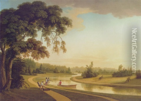 The Sheet Of Water At Canton Park, Co. Kildare, With The Duke And Duchess Of Leicester Out Walking Oil Painting - Thomas Roberts