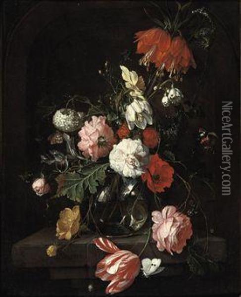 A Tulip, Pink Roses, A Crown Imperial Lily And Other Flowers In Aglass Vase, All On A Stone Ledge, Surrounded By Butterflies Oil Painting - David Cornelisz. de Heem