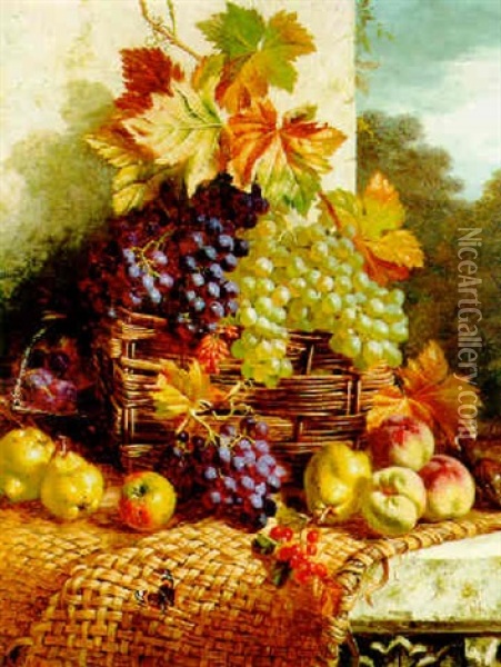 Still Life With Mixed Fruit In A Wicker Basket On A Stone Ledge Oil Painting - William Hughes