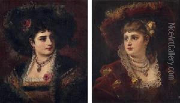 Portrait D'une Jeune Femme Au Chapeau De Velours Rouge Oil Painting - Anton Ebert