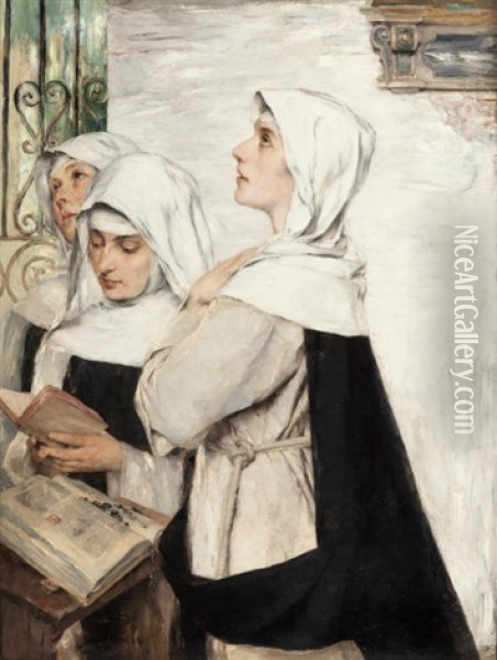 Three Nuns In Prayer Oil Painting - David (Dalhoff) Neal