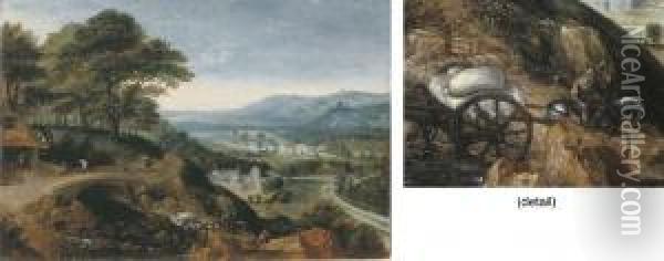 An Extensive River Landscape 
With Millers On A Road Approaching Awatermill, And A Horse-drawn 
Carriage With Flour Sacks Crossing Aford In The Foreground, A Possible 
View Of The Aartal Valleybeyond Oil Painting - Lucas van Valckenborch