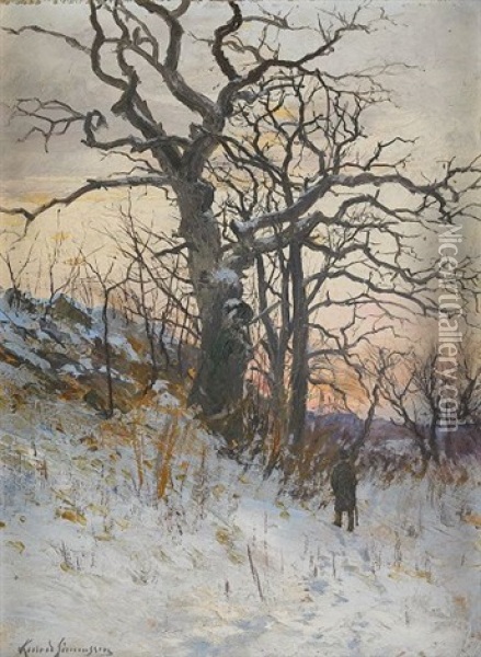 Den Gamla Eken - Vinterlandskap I Aftonrodnad Oil Painting - Konrad Simonsson