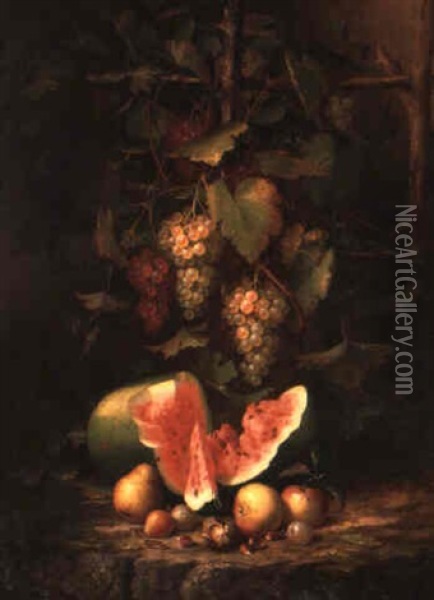 Still Life With Grapes And Watermelon Oil Painting - Paul Lacroix