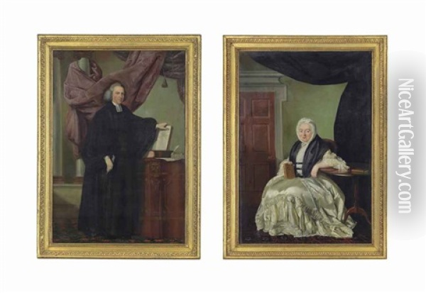 Portrait Of A Clergyman, Small Full-length, In Black Robes...; Portrait Of A Woman (pair) Oil Painting - John Russell