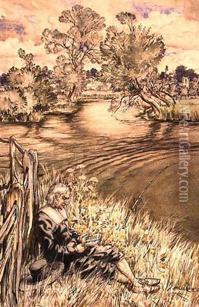 Izaak Walton Reclining Against a Fence, one of a series of illustrations from Izaak Walton, The Complete Angler Oil Painting - Arthur Rackham