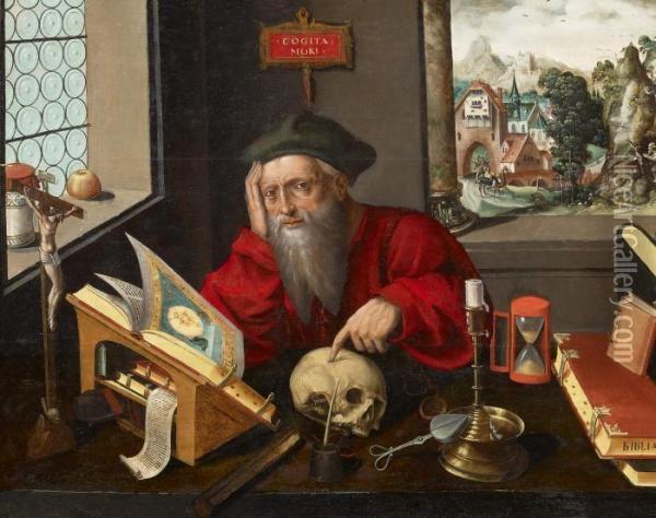 St Hieronymus In His Study Oil Painting - Pieter Coecke Van Aelst