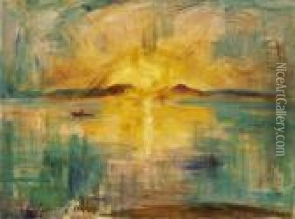Sunset By The Lake Balaton At Badacsony Oil Painting - Bela Ivanyi Grunwald