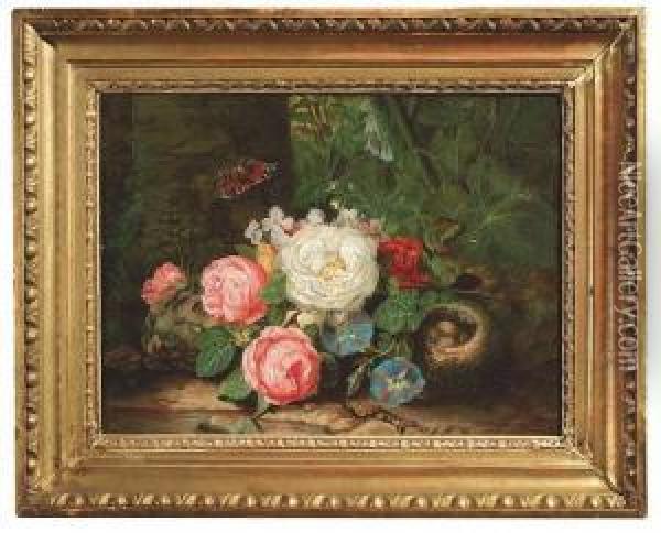 Lauer, Josef. Still-life With Flowers, A Bird's Nest And A Butterfly Oil Painting - Josef Lauer