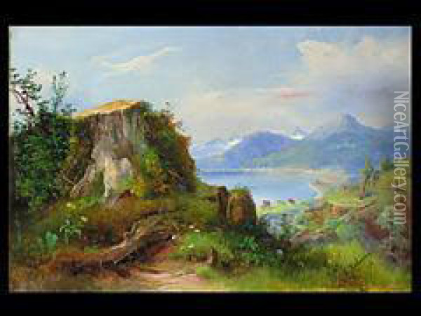Blick Auf Einen See Oil Painting - Ludwig Halauska