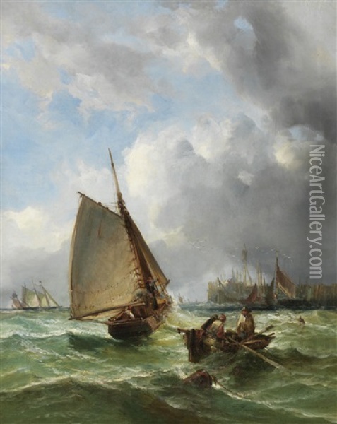 Boote An Der Kuste Vor Yarmouth Pier Oil Painting - Ralph Reuben Stubbs